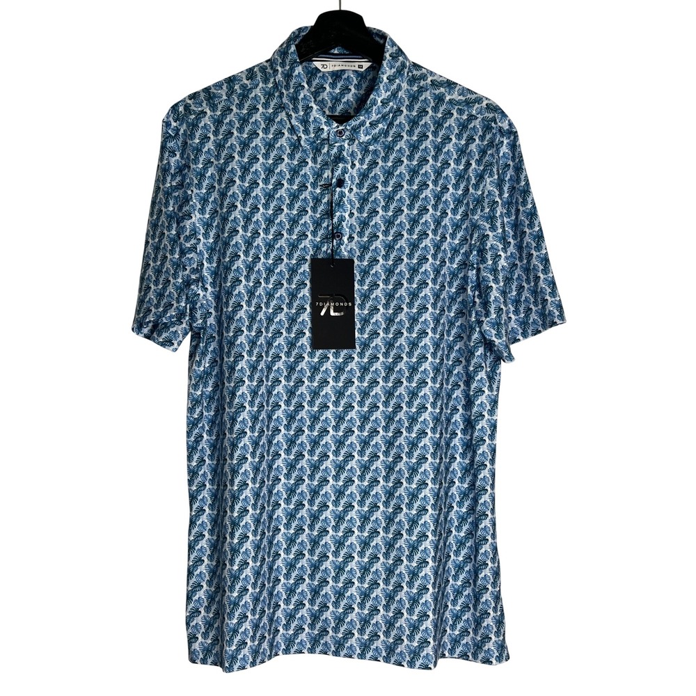 7Diamonds Belize Blue Monstera Leaf Print 4-Way Stretch Polo Shirt Mens Medium